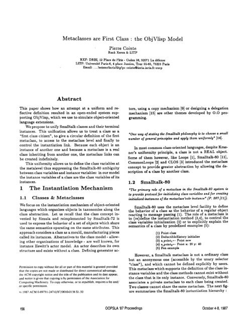 Metaclasses are First Class : the ObjVlisp Model Abstract 1 The ...