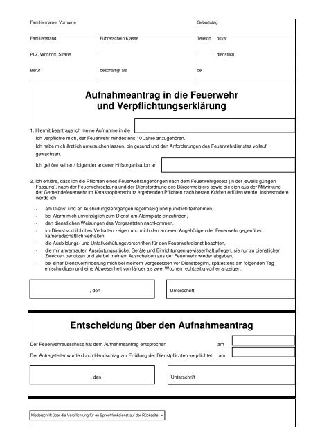 Aufnahmeantrag in die Feuerwehr und Verpflichtungserklärung ...