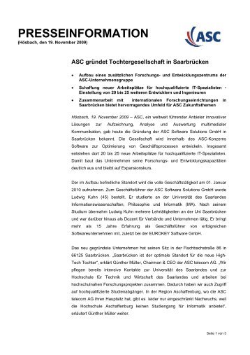 ASC gründet Tochtergesellschaft in Saarbrücken - ASC telecom