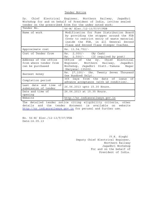 Tender Notice Dy. Chief Electrical Engineer, Northern ... - Imimg