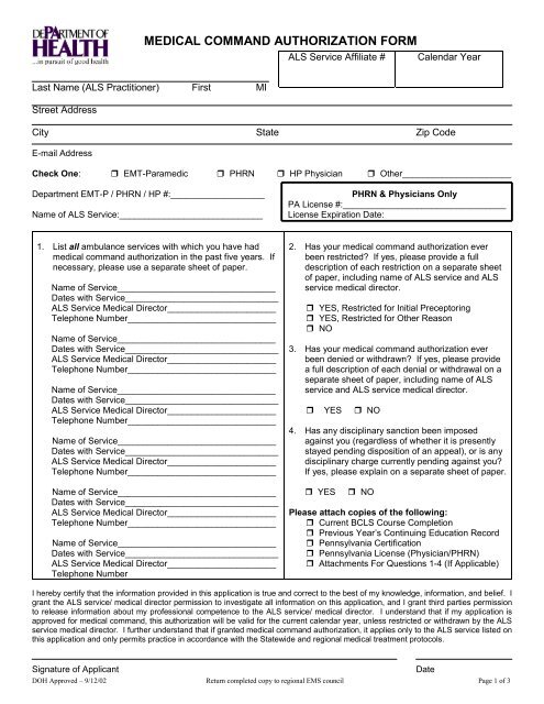 Medical Command Authorization Form - Eastern EMS Council