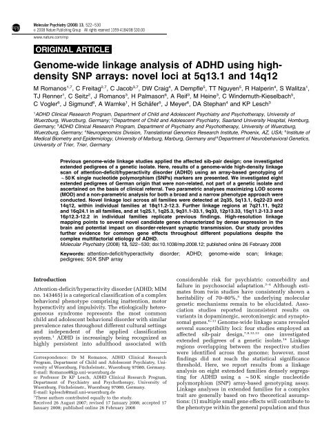 Genome-wide linkage analysis of ADHD using high- density SNP ...