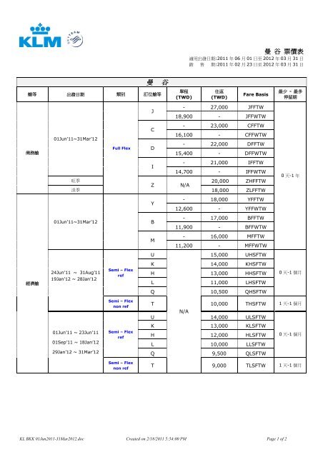 曼谷票價表曼谷