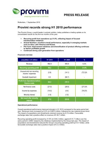 Provimi records strong H1 2010 performance - Permira