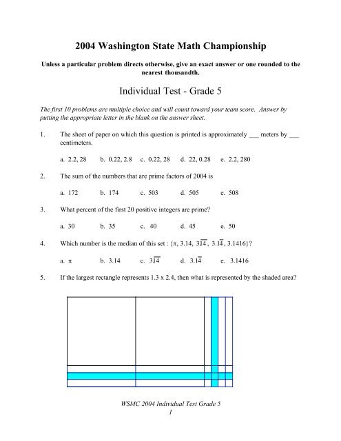 2004 Washington State Math Championship Individual Test - Grade 5