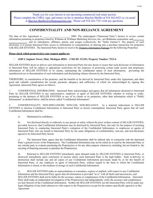 CONFIDENTIALITY AND NON-RELIANCE AGREEMENT - Williams ...