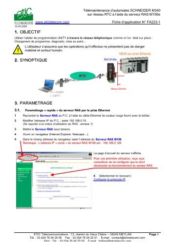 1. OBJECTIF 2. SYNOPTIQUE 3. PARAMETRAGE - Etic Telecom