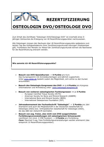 Rezertifizierung Osteologin DVO/Osteologe DVO