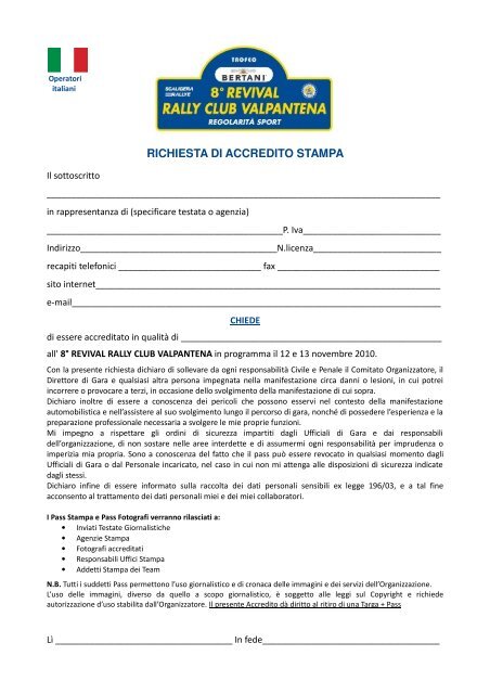 RICHIESTA DI ACCREDITO STAMPA - Rally Club Valpantena