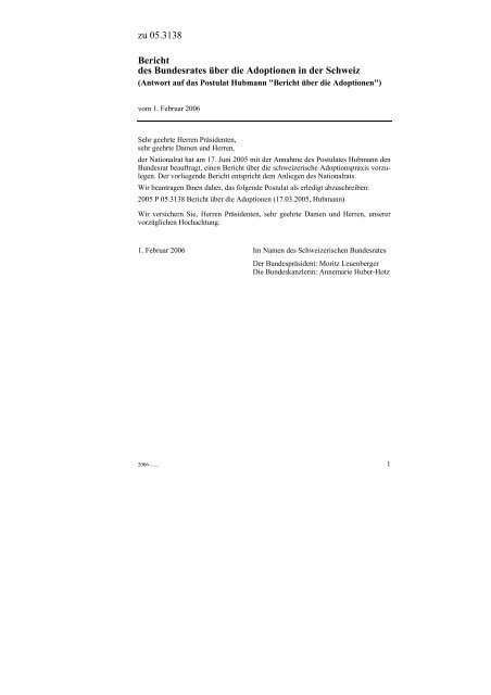 Bericht des Bundesrates über die Adoption in der Schweiz (Antwort ...