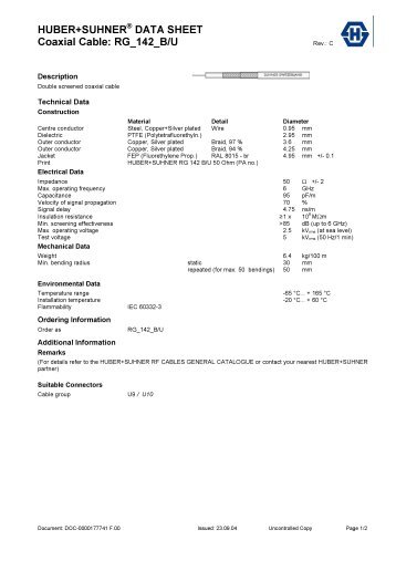 HUBER+SUHNERÂ® DATA SHEET Coaxial Cable: RG_142_B/U