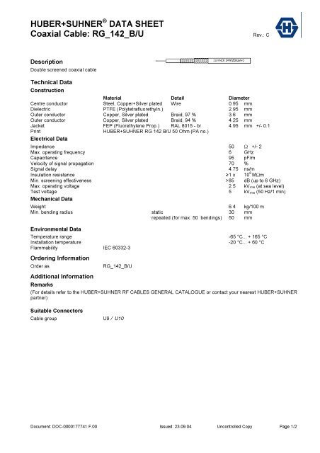 HUBER+SUHNERÂ® DATA SHEET Coaxial Cable: RG_142_B/U