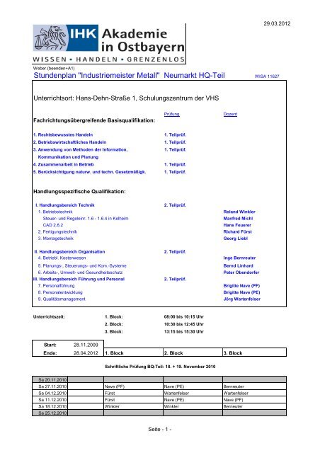 Stundenplan "Industriemeister Metall" Neumarkt HQ-Teil