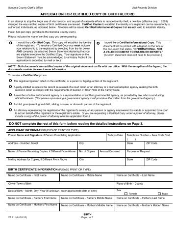 Application for Certified Copy of Birth Record - Sonoma County