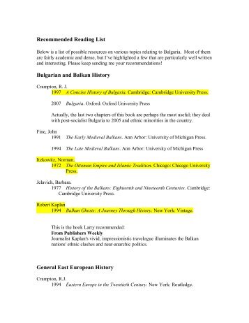 Recommended Reading List Bulgarian and Balkan History General ...