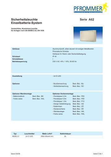 Sicherheitsleuchte Einzelbatterie-System Serie A62 - Pfrommer GmbH