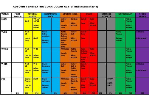 Extra curricular activities time table - Ernest Bevin College