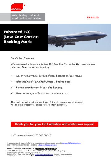 Enhanced LCC (Low Cost Carrier) Booking Mask - Abacus ...