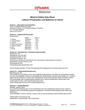 Material Safety Data Sheet Lithium PrimÃ¤rzellen und Batterien (LI ...