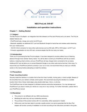 (BLUBTDV9) Installation and operation instructions ... - Neo Car Audio