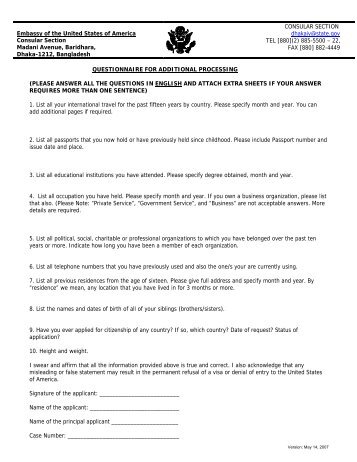 Additional Questionnaire Form for IV - Embassy of the United States ...