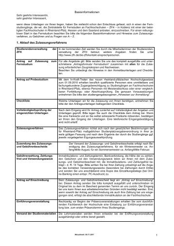 Basisinformationen 1. Ablauf des Zulassungsverfahrens - ZFH