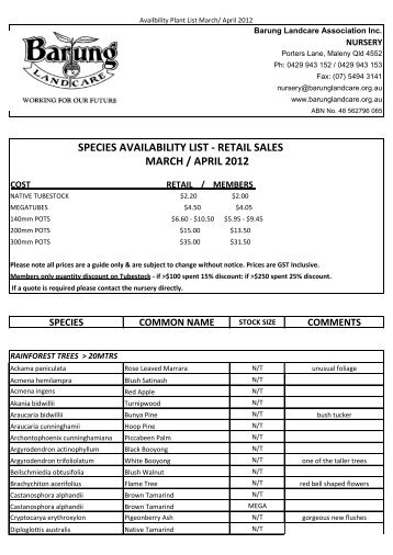 species availability list - retail sales march / april ... - Barung Landcare