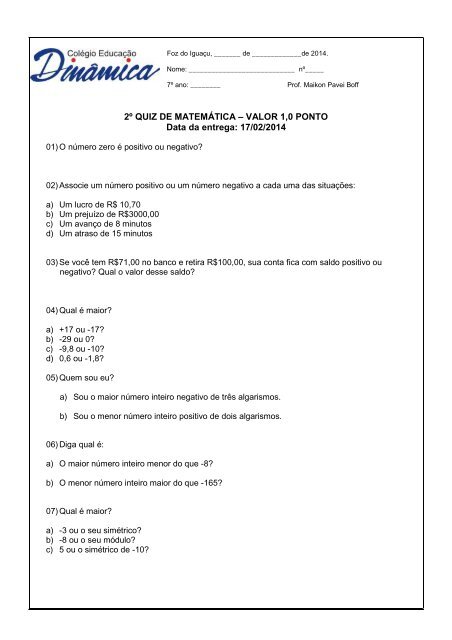 Quiz de matemática - 7° ano 01