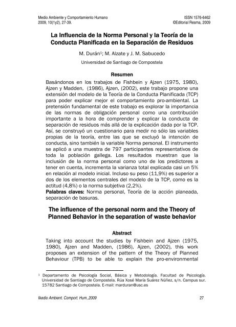 M. Alzate y J. M. Sabucedo - Medio Ambiente y Comportamiento ...