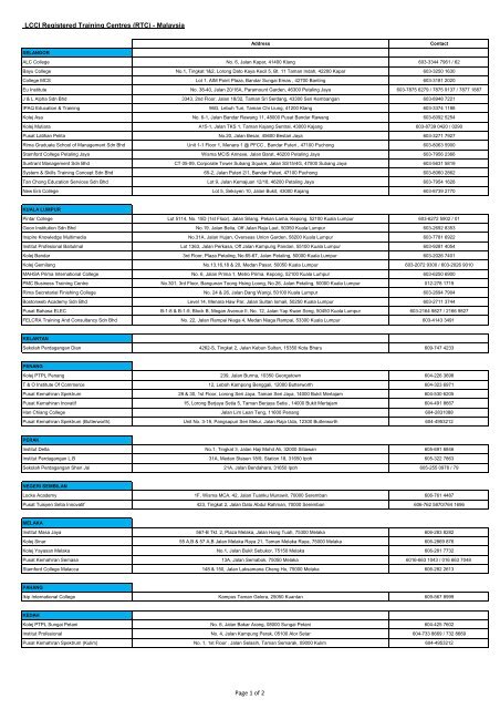 LCCI Registered Training Centres (RTC) - Malaysia Page 1 of 2