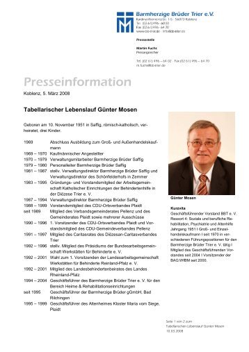 Tabellarischer Lebenslauf Günter Mosen - Barmherzige Brüder ...