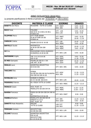 anno scolastico 2010/2011 docente materia e classe giorno orario