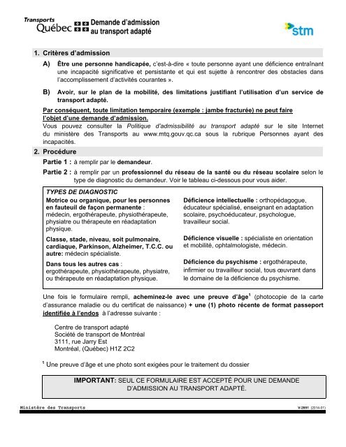 Formulaire De Demande D Admission Au Transport Adapta C