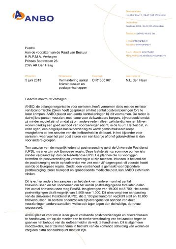 de brief aan Herna Verhagen, CEO van PostNL - Anbo