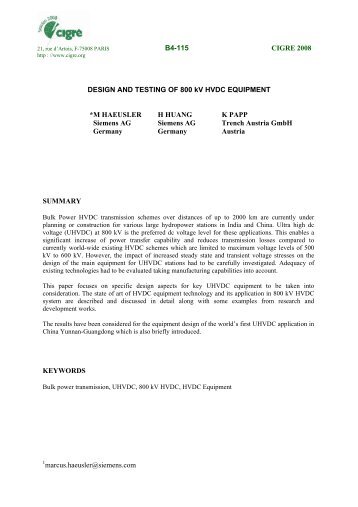 Design and testing of 800 kV HVDC equipment - Siemens