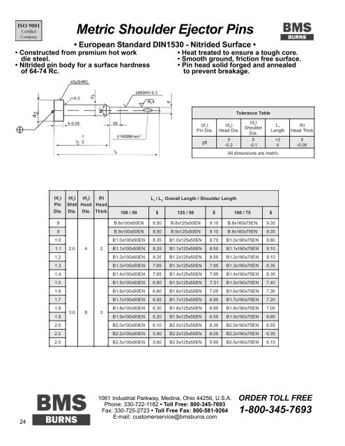 Metric Shoulder Ejector Pins - BMS Burns