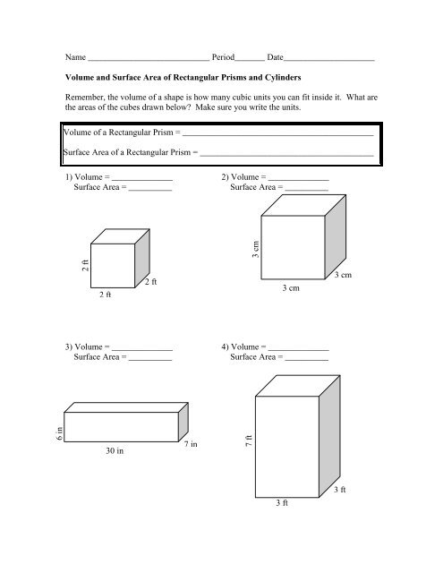 surface area and volume worksheet - The McNabbs