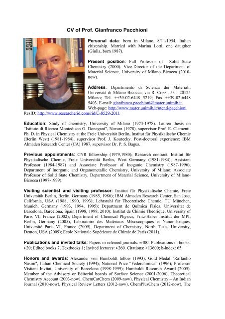 CV of Prof. Gianfranco Pacchioni - Scienza dei Materiali