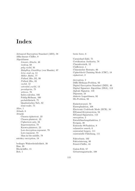 Advanced Encryption Standard (AES), 58 Affin-lineare Chiffre, 9 ...