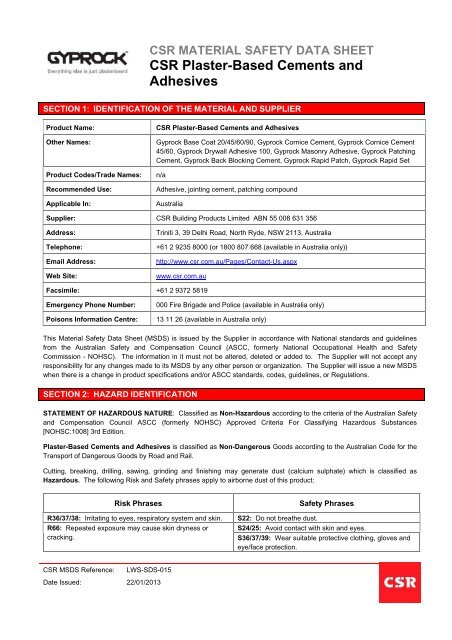 Csr Plaster Based Cements And Adhesives