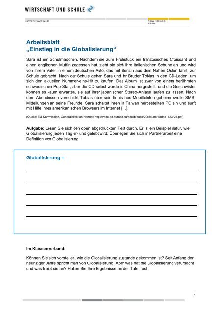 Arbeitsblatt A A Azeinstieg In Die Globalisierunga A Aœ Wirtschaft Und Schule