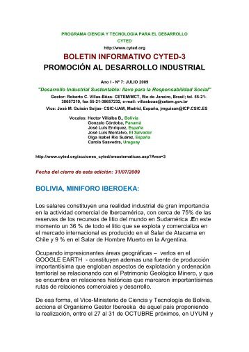 boletin informativo cyted-3 promociÃ³n al desarrollo industrial - Cetem