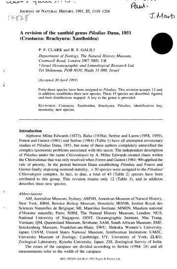 A revision of the xanthid genus Pilodius Dana ... - Atol Decapoda
