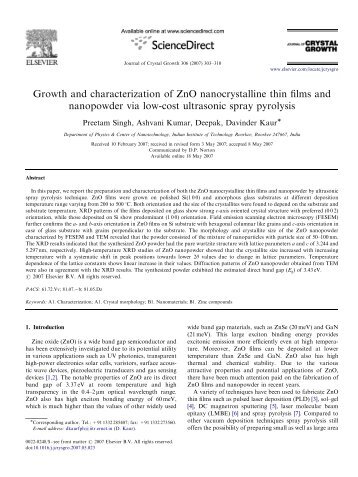 Growth and characterization of ZnO nanocrystalline thin films and ...