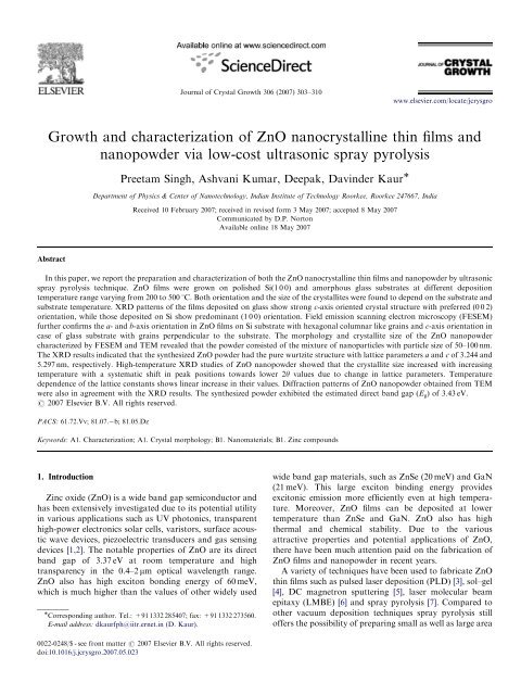 Growth and characterization of ZnO nanocrystalline thin films and ...
