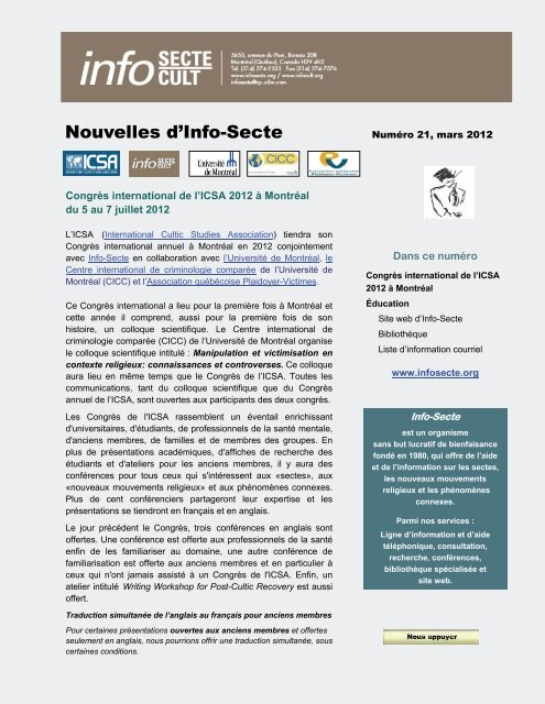 Nouvelles d'Info-Secte