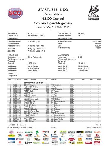 STARTLISTE 1. DG Riesenslalom 4.SCO-Cuplauf Schüler-Jugend ...