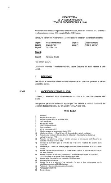 Procès verbal – Novembre 2012 - Municipalité de Saint-Eugène