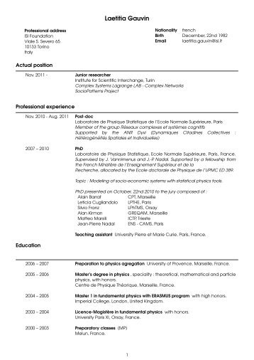 Curriculum vitae - Laboratoire de Physique Statistique - Ens