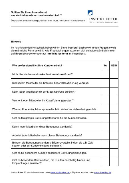 Institut Ritter CHECKLISTE Sollten Sie Ihren Innendienst zur ...